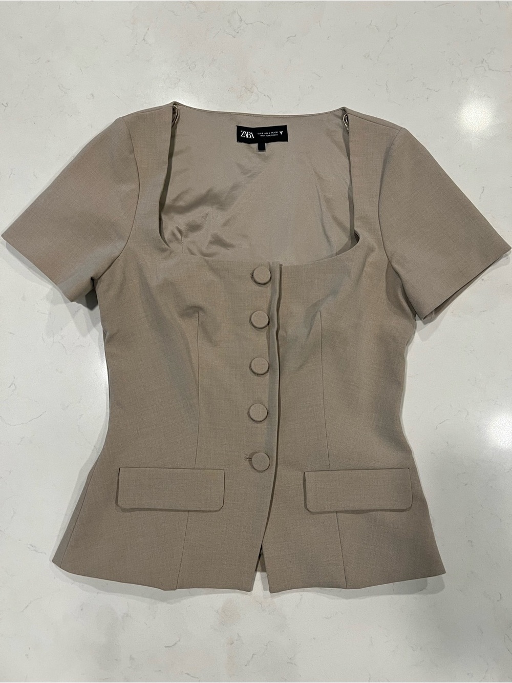 Zara Taupe Square-Neck Button Front Top